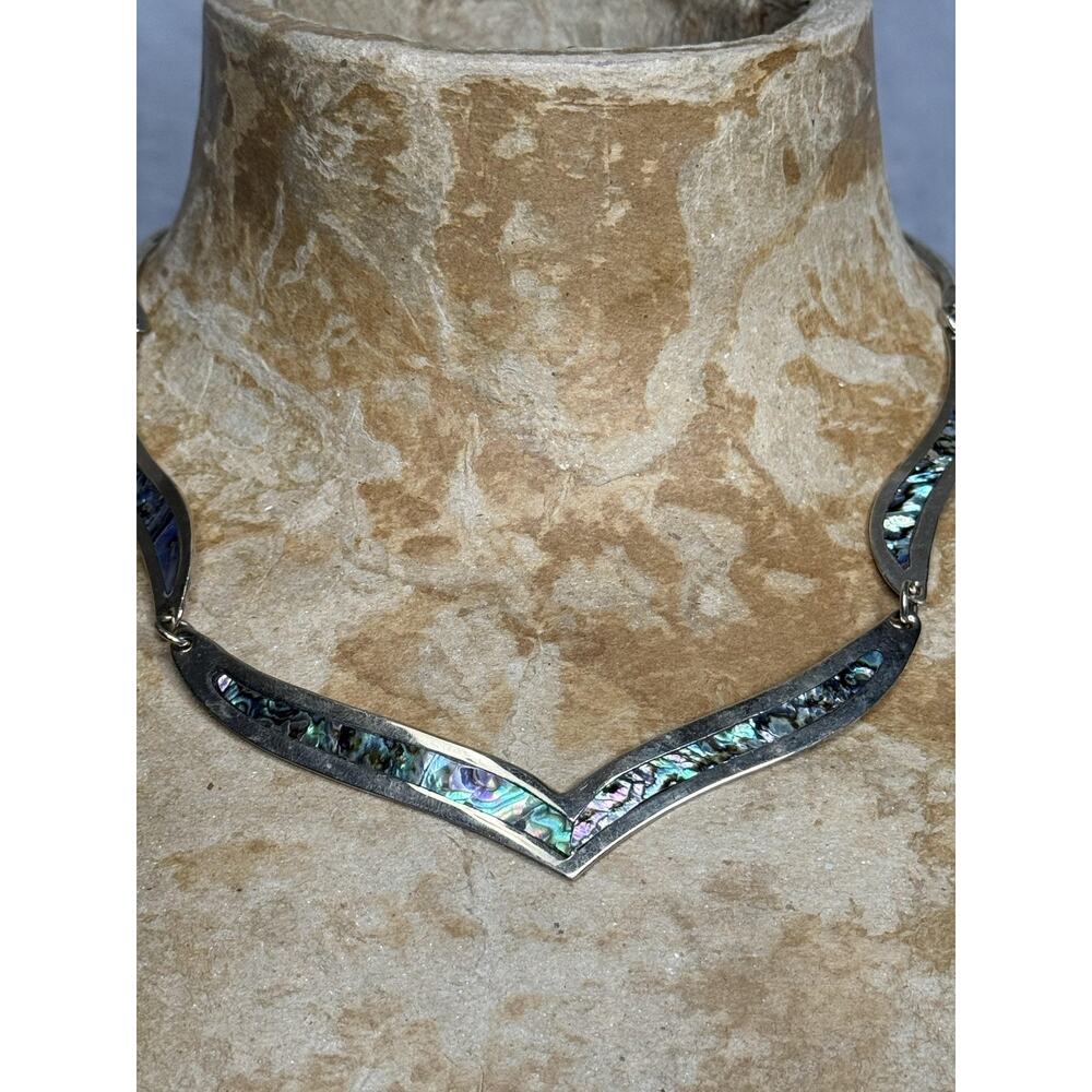 Alpaca Mexico Abalone Mother Of Pearl Collar Necklace Silver Tone Shell Inlay - Picture 2 of 5